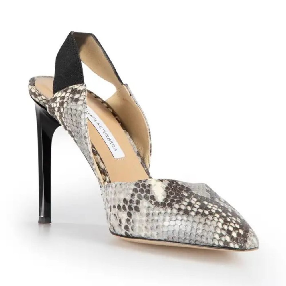 Diane von Furstenberg Grey Snakeskin Leather Blaire Slingback Heels 8.5